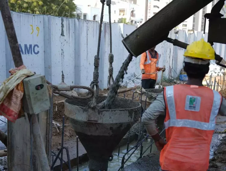 Ready-mix-concrete being poured into an excavated part for diaphragm wall