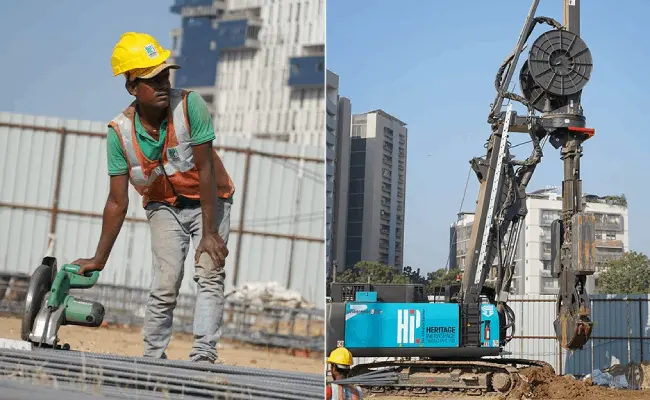 A collage of a diaphragm wall rig and a construction worker working on a site